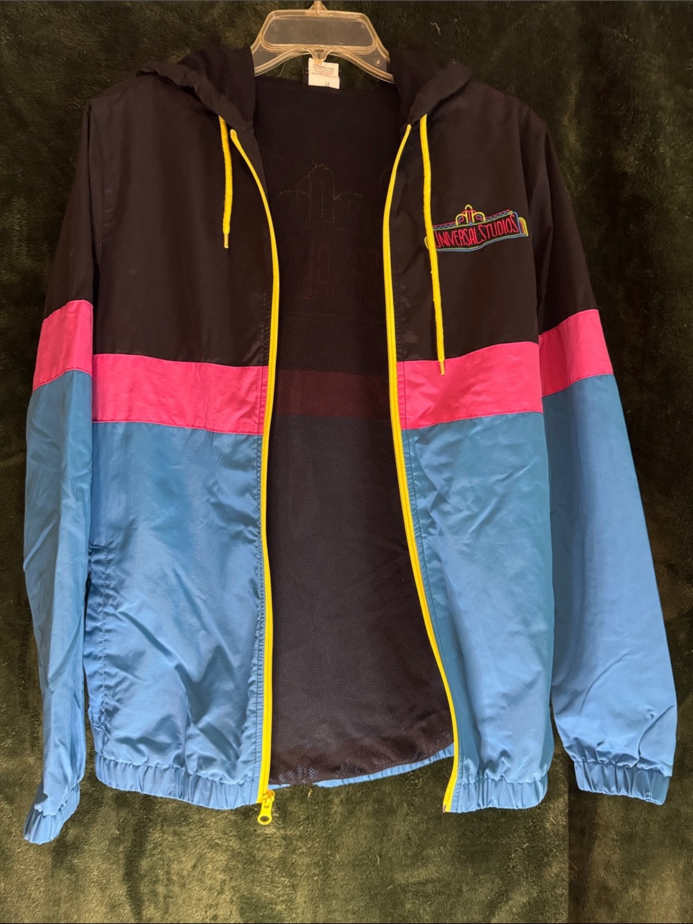Universal Studios Colorblock Hooded Windbreaker Jacket Black Pink Blue Men's S